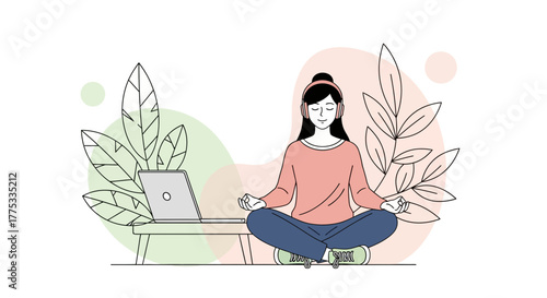 Zen Lifestyle: Woman Meditating With Laptop and Headphones for Mindfulness Practice