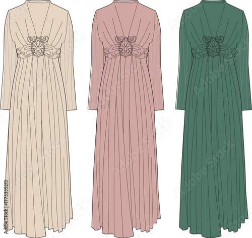 Vector set of technical flat sketches for a women's long sleeve maxi dress. Elegant design with V-neck, pleated skirt, and embellished empire waist, shown in three colorways