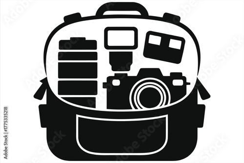 Camera Bag Outline with Photography Gear. Isolated Vector Silhouette of DSLR, Telephoto Lens, and Flash equipment organized inside a carrying case, ideal for media and travel graphics.