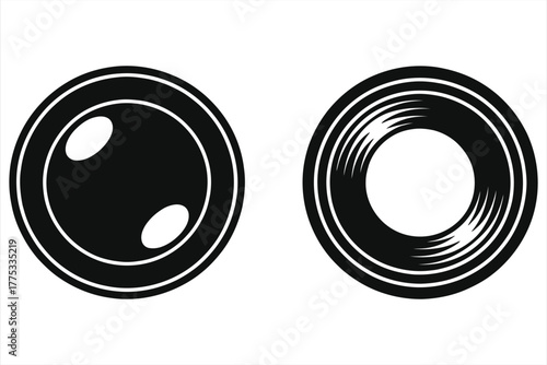 Camera Lens Icons Set: Vector Illustrations of Photographic Aperture and Objective Elements. Black and White High Contrast Graphics for Film, Media, and Technology Design.