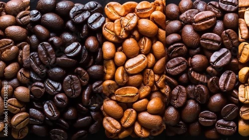 A collage of coffee beans showing a spectrum of roast levels from light to dark