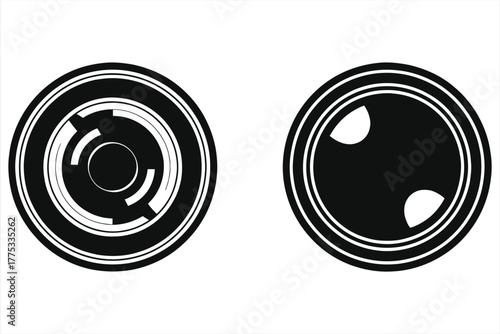  Black and White Icons of Camera Lens Apertures: HUD Style Aperture vs. Iris View with Lens Elements