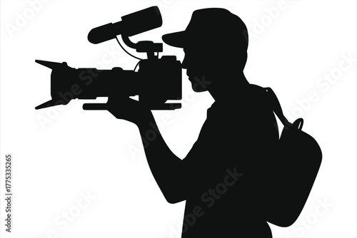 Black and White Silhouette of Cameraman with Professional Video Camera and Backpack, Isolated on White Background