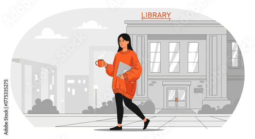 Woman With Coffee And Laptop Enters The Library, Ready For Afternoon Studies