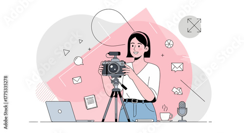 Woman With Camera Setting Up For A Video Or Photography Session, Technology And Work