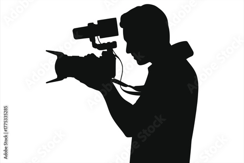 Professional Cameraman Silhouette. Vector illustration of a video journalist or cinematographer operating a broadcast camera with microphone, isolated black on white background for filming and product