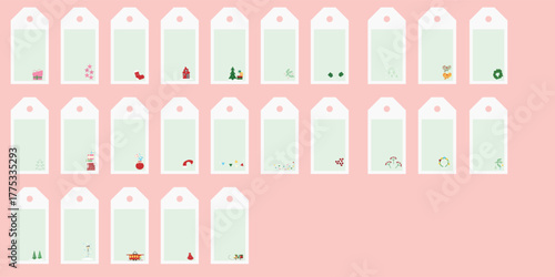 A collection of blank Christmas gift tags featuring detailed festive elements — trees, wreaths, ornaments, and holiday symbols. Perfect for packaging, crafts, and seasonal decoration