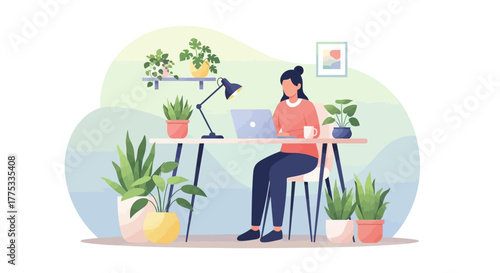 Woman Working From Home Surrounded By Greenery, Cozy Workplace and Office Space