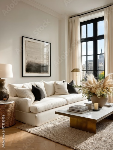 Bright luxury living room with elegant interior decor, white sofa, tall windows, and cozy natural light atmosphere
