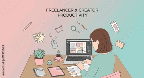 Woman Working On Design With Technology And Stationary Items at the Desk Freelancer Concept