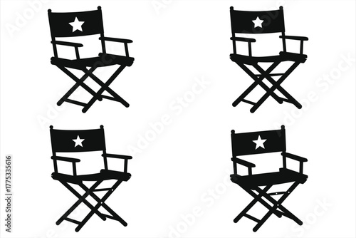 Director's Chair Silhouette Set with Star. Vector Icons of Folding Movie Chairs for Film, Theater, Entertainment, Hollywood, and Production Graphics.
