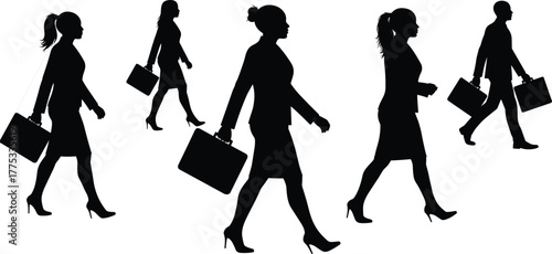 Business professionals walking silhouettes, corporate teamwork concept, gender diversity in workplace, career success, office employees with briefcases, professional attire, leadership, equality, 