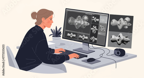 Woman Working on Digital Design Project at a Desk, Creating Three-Dimensional Model