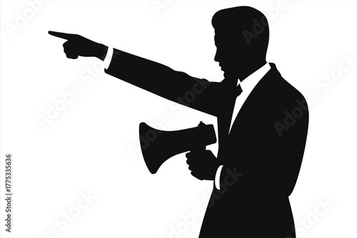 Film Director Silhouette Holding Megaphone and Pointing – Black & White Vector Art for Cinema, Movie Production, Filmmaking, Leadership, and Entertainment Industry Design Projects