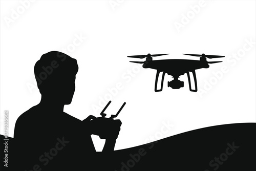 Silhouette of Person Operating Drone with Remote Controller – Black & White Vector Illustration for Aerial Photography, UAV Technology, Tech Innovation, and Modern Aviation Design Projects