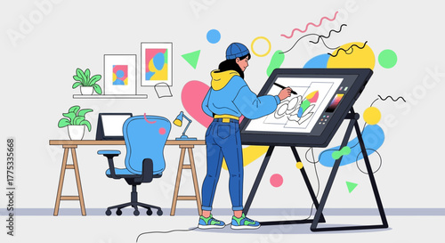 Woman Working On Graphic Tablet In Art Studio Creating Digital Artwork Illustration