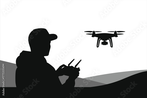 Drone photographer silhouette controlling a quadcopter. Vector icon of a person with a remote control flying a camera drone over an abstract mountain landscape. Modern technology concept.