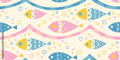 Whimsical seamless pattern of colorful fish swimming through blue and pink waves with bubbles