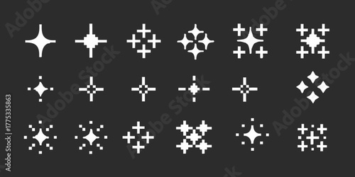 Collection of pixelated starburst and sparkle icons with different designs and sizes on a dark background