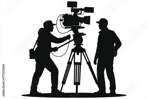Silhouette of Film Crew Working on Movie Set – Director, Camera Operator, Sound Technician & Actor in Action, Black & White Vector Art for Cinema, Production, and Entertainment Industry Design