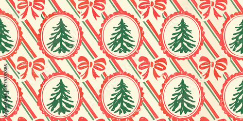 Festive christmas pattern with green trees and red bows on a striped background