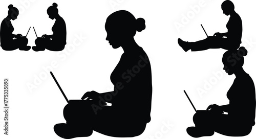Silhouette person working on laptop, cross legged sitting posture, remote work concept, freelancer illustration, digital nomad lifestyle, online learning, technology user,