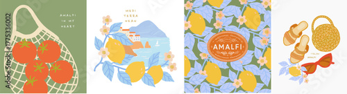 Amalfi. Vector summer mediterranean illustrations of italian coast, lemons, pattern, tomato in wicker string bag, sandals with bag and sunglasses for postcard, poster or background