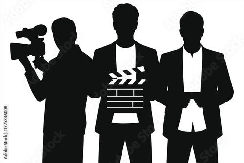 Filmmaker team shooting on set silhouette, movie production crew with camera, director, and clapperboard, black and white vector illustration, film industry teamwork, isolated on white background