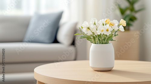 Wallpaper Mural A stylish arrangement of flowers in a white vase sitting on a wooden table near a comfortable couch and a houseplant. Torontodigital.ca