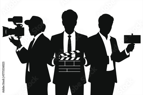 Filmmaker team shooting on set silhouette with director holding clapperboard, camera operator and crew, cinematic production scene for film industry, movie set cinematography studio production onstage