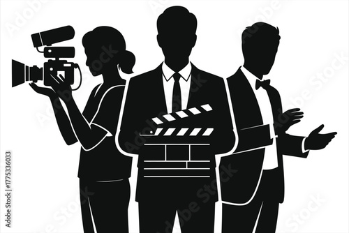 Film crew silhouettes: director with clapperboard, camera operator filming, and presenter in suit on white background - cinematic production, movie set, media industry photo high contrast vector arts.