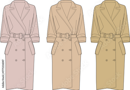 Fashion illustration set presenting three full-length women's trench coats with belted waists and classic details, depicted in a chic color palette for clothing design projects