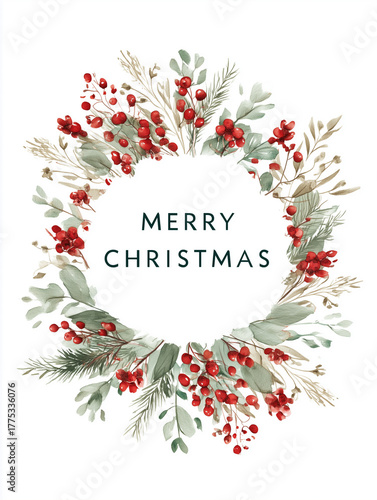 Merry Christmas greeting card featuring a festive wreath design with red berries and greenery. The words Merry Christmas are prominently displayed inside the wreath. 