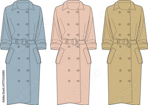 Collection of three long-sleeved trench coats in different colors blue, pink, and beige, with belted waists and double-breasted fronts