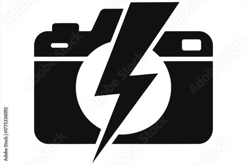 Camera with lightning flash icon combined, photography flash symbol and camera silhouette logo, photo lighting emblem for photographers, studio equipment icon for branding, web, print and social media