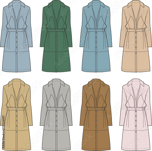 Fashion illustration of a trench coat collection in various colors, showcasing stylish outerwear design