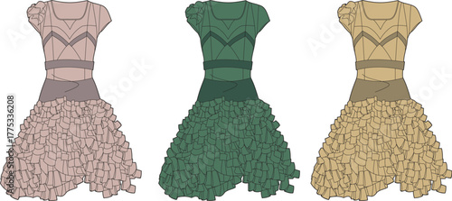 Three Fashionable Dresses A Trio of Stylish Outfit Designs in Various Colors for Women's Wear