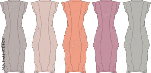 Fashionable collection of five women's sleeveless high-neck midi dresses in assorted soft pastel and neutral colors, showcasing elegant and versatile contemporary apparel designs