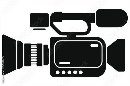Professional video camera camcorder silhouette with shotgun microphone and zoom lens modern filming camcorder icon black and white minimalist flat design for broadcasting vlogging production and media