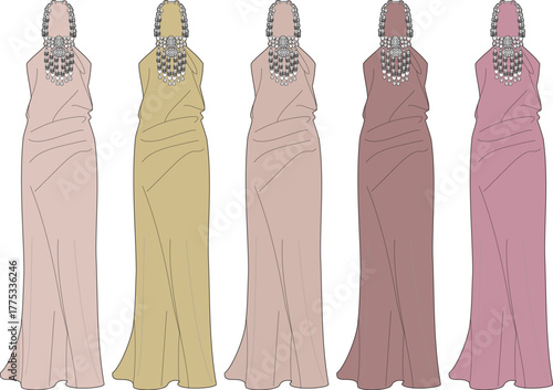 A stylish collection of elegant, long draped evening gowns with ornate neck embellishments, showcasing a fashion design concept in five color variations