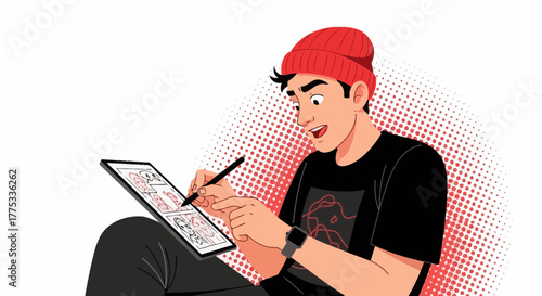 Young Artist Sketching Comic On Tablet, Creating Graphics for Digital Media