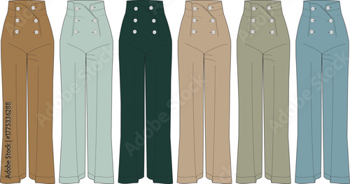 A colorful collection of classic maritime-inspired wide-leg pants, featuring a high waist and double button detail, presented as a fashion flat vector