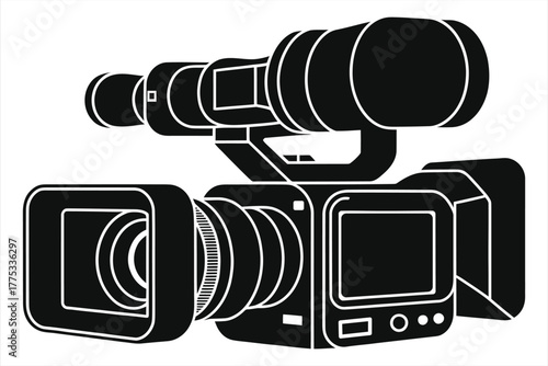 Modern video camera silhouette, professional camcorder icon, black and white vector illustration, digital video recording equipment, broadcast camera clipart, isolated on white background