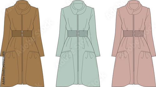 Fashion design illustrations showcasing elegant long-sleeved women's coats with belted waists and zippered fronts, presented in a collection of diverse color palettes for seasonal apparel trends