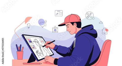 Young Designer Creating Digital Art on a Tablet in a Modern, Illustrative Style