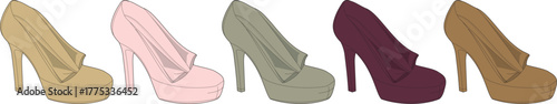 Five stylish high-heeled women's shoes in various colors beige, pink, green, maroon, and brown, perfect for fashion, elegance, and design concepts