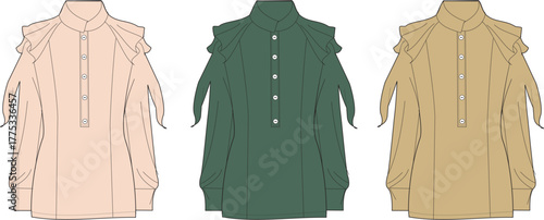 Three long-sleeved shirts in different neutral colors, presented on a white background, showcasing fashion apparel