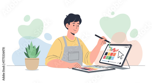 Young Designer Illustrating Digital Artwork And Editing Colors On The Tablet Display
