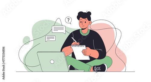 Young Individual Concentrating On Work, Researching While Taking Notes From Laptop At Home