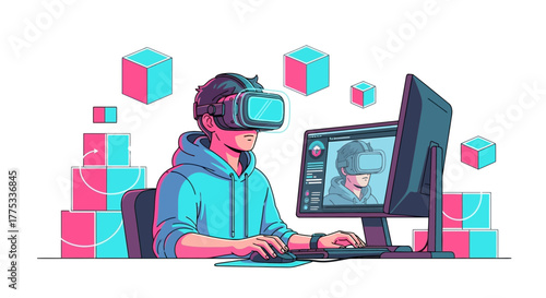 Young Individual Immersed In Virtual Reality Worlds Using Modern Technology